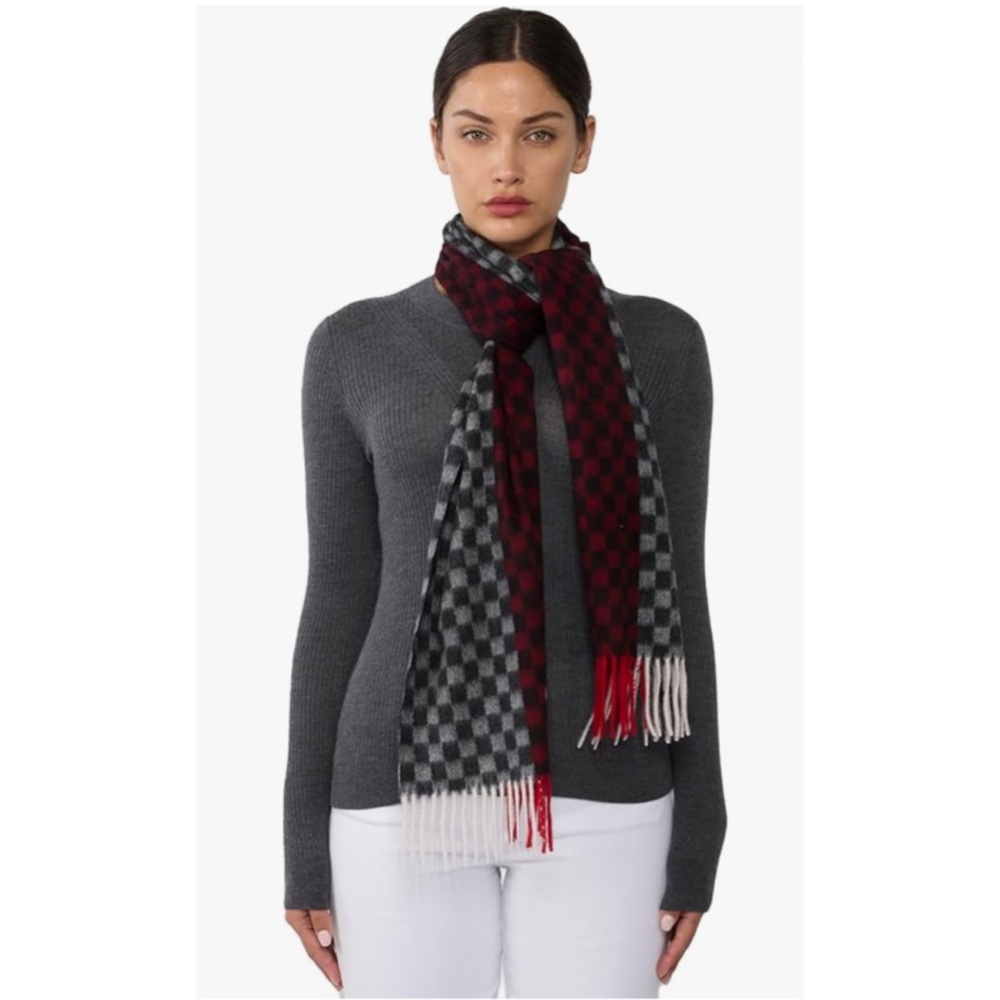 Jennie Liu Checkered Multicolored Scarf with Fringe